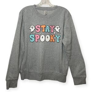 Stay Spooky Halloween Ghost Sweatshirt Gray Crewneck Pullover Large Cozy Fall L